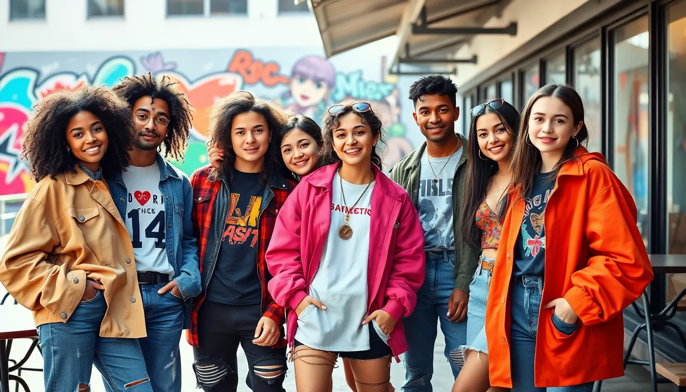 A diverse group showcasing bold Gen Z fashion in an urban setting.