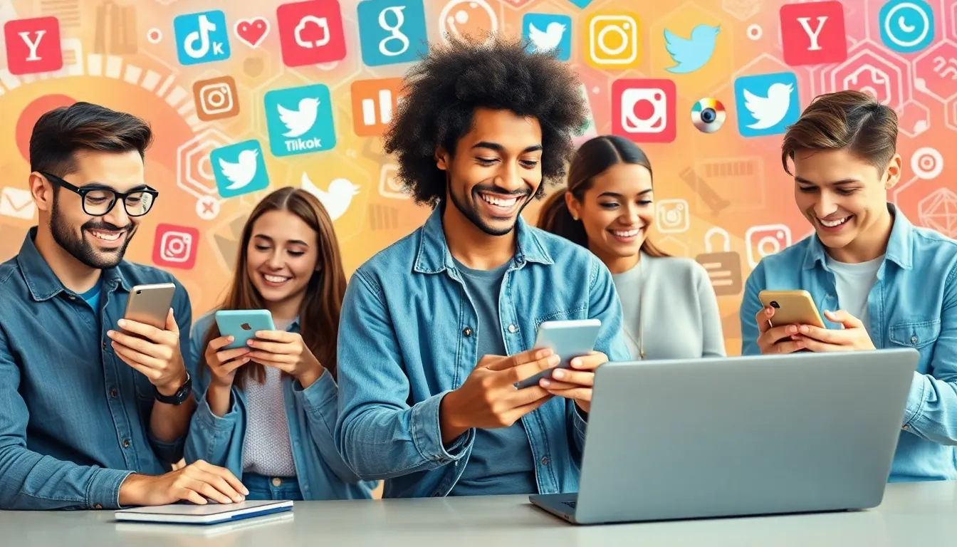 diverse young adults engaged in social media activities.