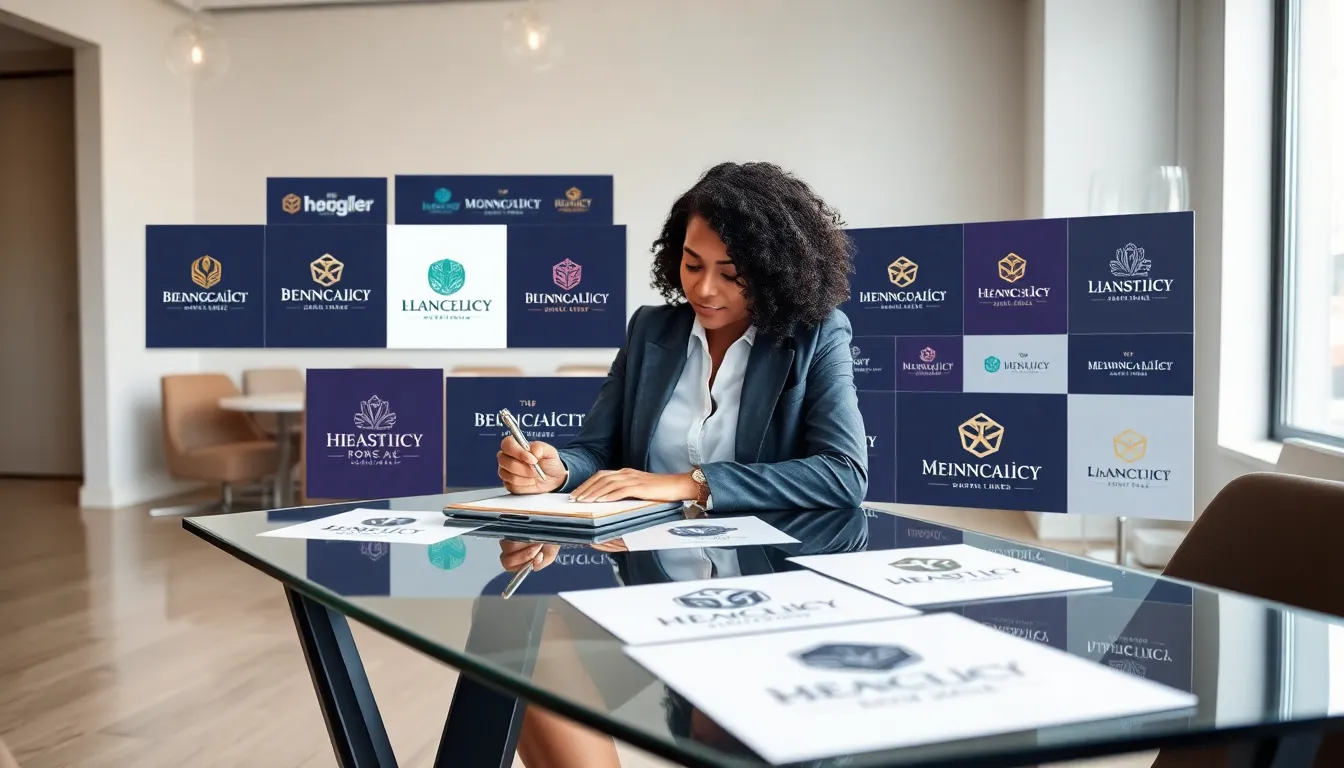 interior designer creating logo ideas in a modern office.