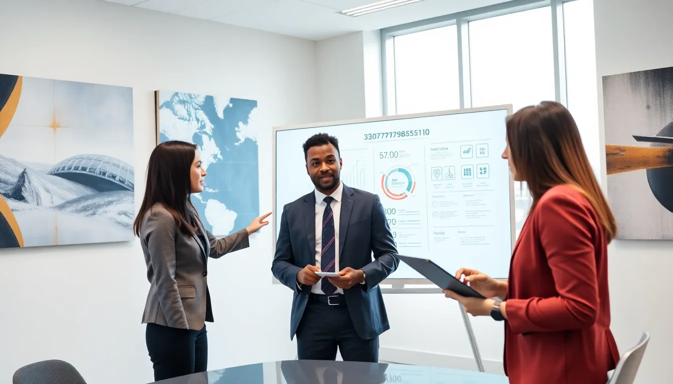 diverse professionals discussing data analytics in a modern conference room.